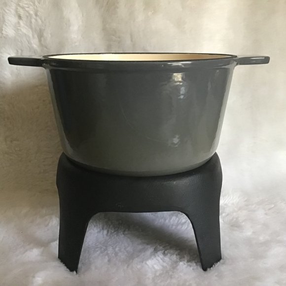 Vintage Grey Enamel Cast Iron Fondue Pot and Base - Picture 3 of 12